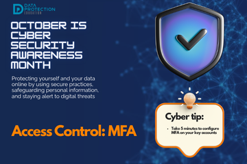 "A graphic announcing 'October is Cyber Security Awareness Month,' with text explaining the importance of creating a cyber emergency contact list in preparation for a cyber attack. It also includes a 'Cyber tip' to assess passwords, turn on MFA, and review critical accounts, especially email. A shield icon with a checkmark and a lightbulb icon are visible."