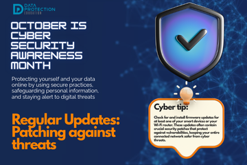 "A graphic announcing 'October is Cyber Security Awareness Month,' with text explaining the importance of creating a cyber emergency contact list in preparation for a cyber attack. It also includes a 'Cyber tip' to assess passwords, turn on MFA, and review critical accounts, especially email. A shield icon with a checkmark and a lightbulb icon are visible."