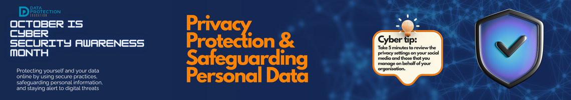 "A graphic announcing 'October is Cyber Security Awareness Month,' with text explaining the importance of protecting data online. It also includes a 'Cyber tip' to assess passwords, turn on MFA, and review critical accounts, especially email. A shield icon with a checkmark and a lightbulb icon are visible."