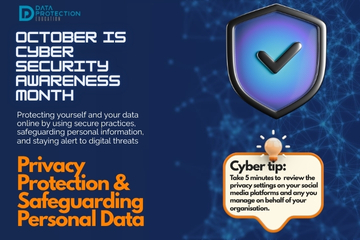 "A graphic announcing 'October is Cyber Security Awareness Month,' with text explaining the importance of protecting data online. It also includes a 'Cyber tip' to assess passwords, turn on MFA, and review critical accounts, especially email. A shield icon with a checkmark and a lightbulb icon are visible."