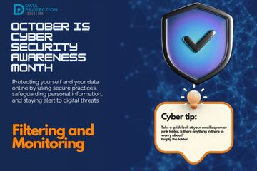 "A graphic announcing 'October is Cyber Security Awareness Month,' with text explaining the importance of creating a cyber emergency contact list in preparation for a cyber attack. It also includes a 'Cyber tip' to assess passwords, turn on MFA, and review critical accounts, especially email. A shield icon with a checkmark and a lightbulb icon are visible."