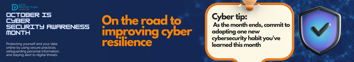 "A graphic announcing 'October is Cyber Security Awareness Month,' with text explaining the importance of creating a cyber emergency contact list in preparation for a cyber attack. It also includes a 'Cyber tip' to assess passwords, turn on MFA, and review critical accounts, especially email. A shield icon with a checkmark and a lightbulb icon are visible."