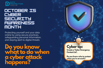 "A graphic announcing 'October is Cyber Security Awareness Month,' with text explaining the importance of creating a cyber emergency contact list in preparation for a cyber attack. It also includes a 'Cyber tip' to assess passwords, turn on MFA, and review critical accounts, especially email. A shield icon with a checkmark and a lightbulb icon are visible."