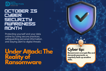 "A graphic announcing 'October is Cyber Security Awareness Month,' with text explaining the importance of creating a cyber emergency contact list in preparation for a cyber attack. It also includes a 'Cyber tip' to assess passwords, turn on MFA, and review critical accounts, especially email. A shield icon with a checkmark and a lightbulb icon are visible."