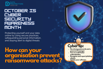 "A graphic announcing 'October is Cyber Security Awareness Month,' with text explaining the importance of creating a cyber emergency contact list in preparation for a cyber attack. It also includes a 'Cyber tip' to assess passwords, turn on MFA, and review critical accounts, especially email. A shield icon with a checkmark and a lightbulb icon are visible."
