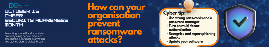 "A graphic announcing 'October is Cyber Security Awareness Month,' with text explaining the importance of creating a cyber emergency contact list in preparation for a cyber attack. It also includes a 'Cyber tip' to assess passwords, turn on MFA, and review critical accounts, especially email. A shield icon with a checkmark and a lightbulb icon are visible."