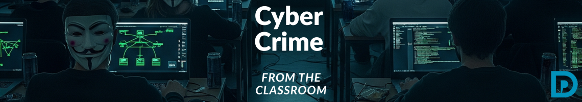 A dimly lit classroom is filled with students, most of whom are wearing Anonymous masks, intensely focused on their laptops. The screens of their laptops glow with green lines of code and network diagrams. In the background, a projector screen displays a white padlock icon with chains on a dark background. The words "Cyber Crime" are prominently displayed in white text in the upper left corner, and "FROM THE CLASSROOM" is in the upper right. A blue "P" logo is in the bottom right corner.