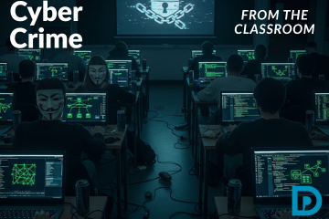 A dimly lit classroom is filled with students, most of whom are wearing Anonymous masks, intensely focused on their laptops. The screens of their laptops glow with green lines of code and network diagrams. In the background, a projector screen displays a white padlock icon with chains on a dark background. The words "Cyber Crime" are prominently displayed in white text in the upper left corner, and "FROM THE CLASSROOM" is in the upper right. A blue "P" logo is in the bottom right corner.