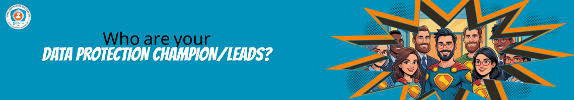  A diverse group of seven animated adults, some male and some female, are depicted in a vibrant, comic-book-inspired style. In the foreground, a man in a Superman-like suit with a red cape and a large "S" shield on his chest stands centrally, smiling and wearing glasses. To his left, a woman with long, dark hair and a gold and red superhero-style top smiles. To her left, a man in a blue suit and tie, with a beard and glasses, smiles. Behind him, another man with dark skin smiles.  To the right of the central "Superman" figure, a woman with dark hair and red glasses, wearing a gold and red superhero-style top, smiles. Next to her, a man with a beard and a green shirt smiles. In the background on the far right, part of another person wearing glasses is visible.  Above the group, large white text with a blue outline reads "Who are your DATA PROTECTION CHAMPION/LEADS?". The background features a zigzag pattern in blue and orange, suggesting a superhero emblem or dynamic lines. In the bottom left corner, there is a circular logo with a figure inside, and text that reads "DATA PROTECTION OFFICER BY" and a web address "HTTPS://DATAPROTECTION.EDUCATION". The overall image has a clean, digital art style with clear lines and bright colors.