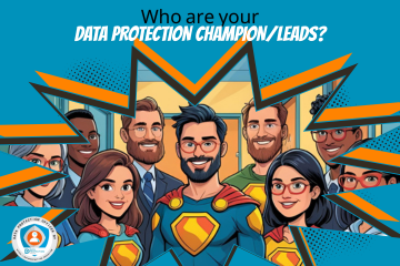  A diverse group of seven animated adults, some male and some female, are depicted in a vibrant, comic-book-inspired style. In the foreground, a man in a Superman-like suit with a red cape and a large "S" shield on his chest stands centrally, smiling and wearing glasses. To his left, a woman with long, dark hair and a gold and red superhero-style top smiles. To her left, a man in a blue suit and tie, with a beard and glasses, smiles. Behind him, another man with dark skin smiles.  To the right of the central "Superman" figure, a woman with dark hair and red glasses, wearing a gold and red superhero-style top, smiles. Next to her, a man with a beard and a green shirt smiles. In the background on the far right, part of another person wearing glasses is visible.  Above the group, large white text with a blue outline reads "Who are your DATA PROTECTION CHAMPION/LEADS?". The background features a zigzag pattern in blue and orange, suggesting a superhero emblem or dynamic lines. In the bottom left corner, there is a circular logo with a figure inside, and text that reads "DATA PROTECTION OFFICER BY" and a web address "HTTPS://DATAPROTECTION.EDUCATION". The overall image has a clean, digital art style with clear lines and bright colors.