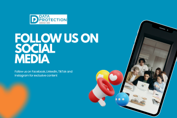 A digital banner with a vibrant blue background. Large white text reads "FOLLOW US ON SOCIAL MEDIA". A smaller line of text below encourages viewers to follow on Facebook, LinkedIn, TikTok, and Instagram for exclusive content. On the right, a smartphone displays a video call with a diverse team of people collaborating, surrounded by a red loudspeaker and social media icons.