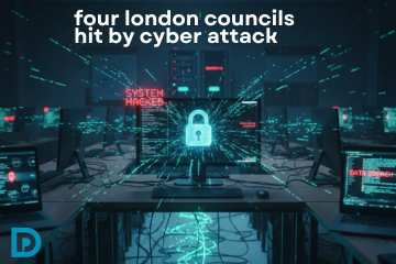 An image showing a cyber attack in progress within a school computer lab. Desks with multiple laptops and desktop computers are arranged in rows, all displaying screens with glowing blue and green code, warnings like "SYSTEM HACKED," "DATA BREACH," and a prominent padlock icon symbolizing security. Wires on the floor also glow with a similar blue-green light, extending from the computers. The background features server racks, adding to the high-tech, data-intensive atmosphere. The overall impression is one of a serious digital breach, with data actively being compromised. The text overlay reads: "four london councils hit by cyber attack". A small logo is visible in the bottom left corner.