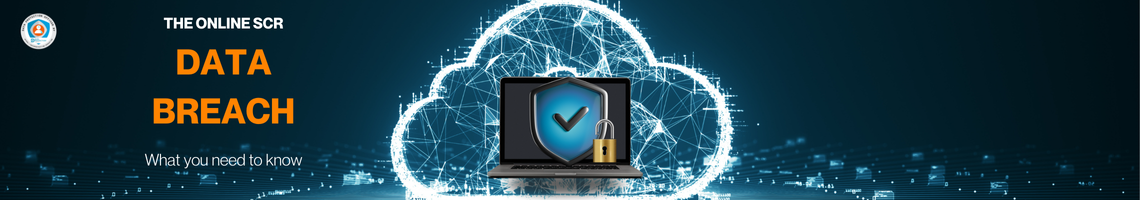A digital illustration with a dark blue background features a laptop with a shield and an open padlock, symbolizing data security. Above the laptop, a cloud icon with interconnected lines represents cloud computing and network connections. The text on the image reads "THE ONLINE SCR DATA BREACH" in white and orange, and "What you need to know" in white. In the top left corner, a logo for "DATA PROTECTION OFFICER" is visible.