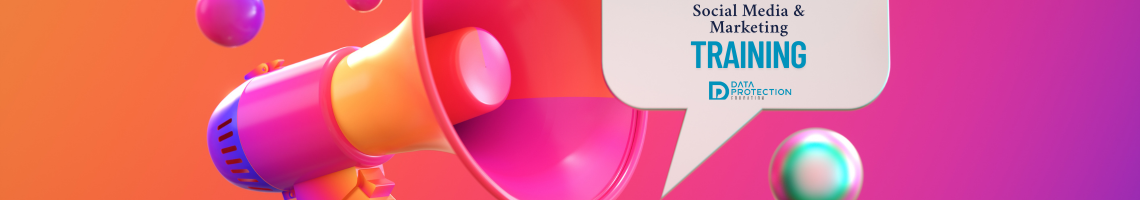A bright pink cartoon megaphone surrounded by coloured baubles.  In a speech bubble in black text: Social media and marketing. In blue text: Training and the data protection education logo underneath