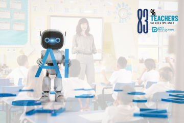 Transparent image of a teacher at the front of a class teaching children.  Robot holding AI in blue letters. Text in blue and black: 83% teacher say AI is a time saver. Data Protection Education logo