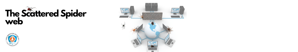 Photo of a computer network and lots of spiders on a white background.  Black text: The Scattered Spider Web. Data Protection Education DPO badge