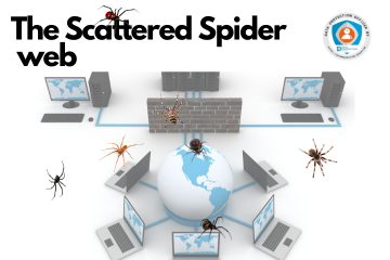 Photo of a computer network and lots of spiders on a white background.  Black text: The Scattered Spider Web. Data Protection Education DPO badge