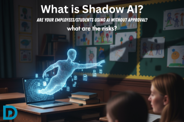 A ghostly, luminous blue human-like figure made of particles reaches out from a laptop screen on a classroom desk. Digital document icons float around the figure, suggesting data transfer. In the foreground, a student and a teacher are seated at desks, looking towards the front of the classroom. The room has wooden desks and a bulletin board with children's drawings. The image has text overlays: "What is Shadow AI?", "ARE YOUR EMPLOYEES/STUDENTS USING AI WITHOUT APPROVAL?", and "what are the risks?". There are also two small logo-like elements in the bottom corners, one blue 'D' and another blue geometric shape.