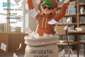 A festive image showing the Elf on the Shelf character excitedly bursting out of a large black bag labeled "CONFIDENTIAL WASTE" in a hallway decorated for Christmas. Papers and documents are flying out of the bag and scattered across the floor, symbolizing a data breach or improper disposal. The top left corner features the logo for "Data Protection Education," and the text overlay asks: "Who has access to your confidential waste?"
