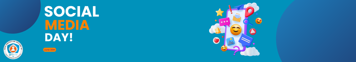  A vibrant, illustrative graphic announces "SOCIAL MEDIA DAY!" in large, bold letters, with "SOCIAL" in white and "MEDIA DAY!" in orange. Below this, "June 30th" is displayed in an orange rectangular box. The central focus is a large, purple smartphone, angled slightly to the right, with a bright screen populated by various 3D social media icons floating around and seemingly interacting with it.  These icons include:  A yellow star  A pink speech bubble  A golden bell  A red heart  A blue folder icon with a mountain and sun image  A blue paper airplane  A yellow envelope with a letter  A red location pin  A blue magnifying glass  A red play button triangle  Two blue speech bubbles, one with three dots and another with a smiley face  There are also several expressive emoji faces floating around the phone:  A large, yellow smiling face with closed eyes on the phone screen.  A red heart-eyes emoji.  A slightly mischievous, winking emoji with a tongue out.  A happy emoji with closed eyes and rosy cheeks.  At the bottom left, a circular logo states "DATA PROTECTION OFFICER BY" around an emblem featuring a stylized person figure protecting data, with "DATA PROTECTION EDUCATION" written beneath it and a URL "HTTPS://DATAPROTECTION.EDUCATION". The background is a gradient of blue, with darker shades at the bottom and lighter at the top, along with some abstract cloud-like shapes.