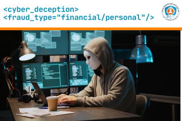 Photo of a masked man at lots of computer screens.  Blue text on a white background:   