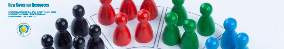 Ludo pieces on a board on white background. Blue text: New Governor resources, Governors: data protection & cyber security course, governance frameworks: data protection, cyber governance code of practice. Data Protection Education logo and DPO services badge
