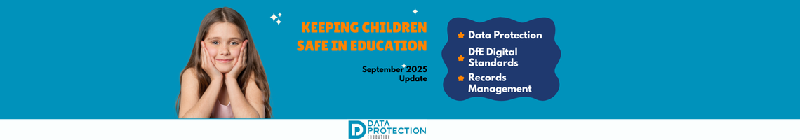  A young girl with a happy expression rests her chin in her hands, looking at the camera. She has long brown hair and is wearing a dark top. To the right of the image, a dark blue box contains white text and three orange star icons. The text reads "KEEPING CHILDREN SAFE IN EDUCATION" at the top, followed by "September 2025 Update". Below that, the orange stars precede the lines "Data Protection," "DfE Digital Standards," and "Records Management." The background is a solid bright blue, with small white sparkles scattered around the text box. The "DATA PROTECTION EDUCATION" logo is in the bottom left corner.