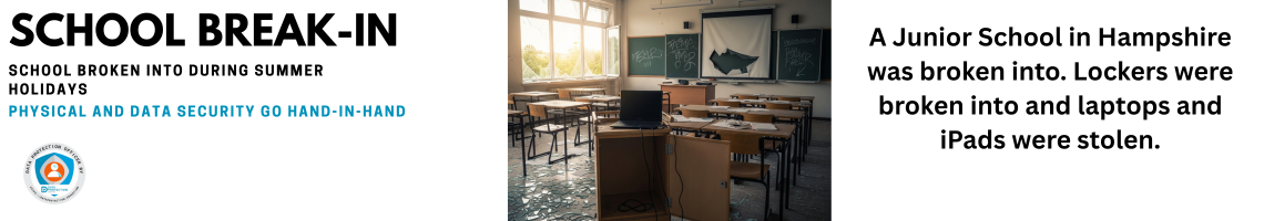 A photograph of a school classroom that has been broken into, showing damage and signs of theft. In the foreground, a wooden laptop trolley is open and empty, with a single black laptop sitting on top. Glass from a shattered window on the left side of the room is scattered across the floor, catching the light. Desks and chairs are disarranged, and a projector screen is torn. A chalkboard with some graffiti is visible in the background, completing the scene of a ransacked classroom.