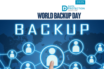 Image of circles with people in and finger pushing one on a world map in blue.  World backup Day 2025 in Blue. Data Protection Education logo