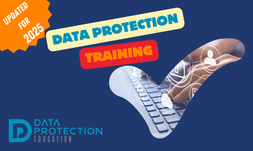  A stylized image for a data protection training course. The background is a solid dark blue. On the left side, there's a jagged orange shape with the text "UPDATED FOR 2025." In the upper center, a light yellow-green rectangular banner has the words "DATA PROTECTION," with a smaller red banner below it that reads "TRAINING." A large, light gray checkmark dominates the center of the image. Inside the checkmark, a close-up shows a person's hands typing on a laptop keyboard. The keys have white, glowing icons related to data and privacy, such as a lock, a shield, and user profiles. In the bottom left corner, the logo for "Data Protection Education" is visible in a light blue color.